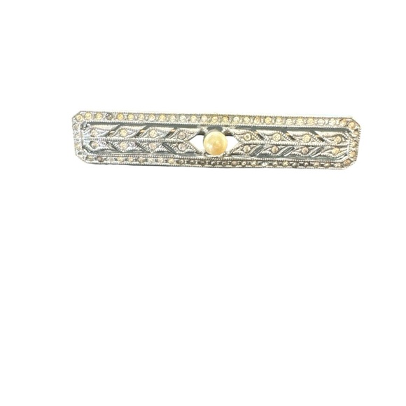 Vintage Art Deco Brooch Pin Czech rhodium plate rhinestone pearl - Picture 1 of 9